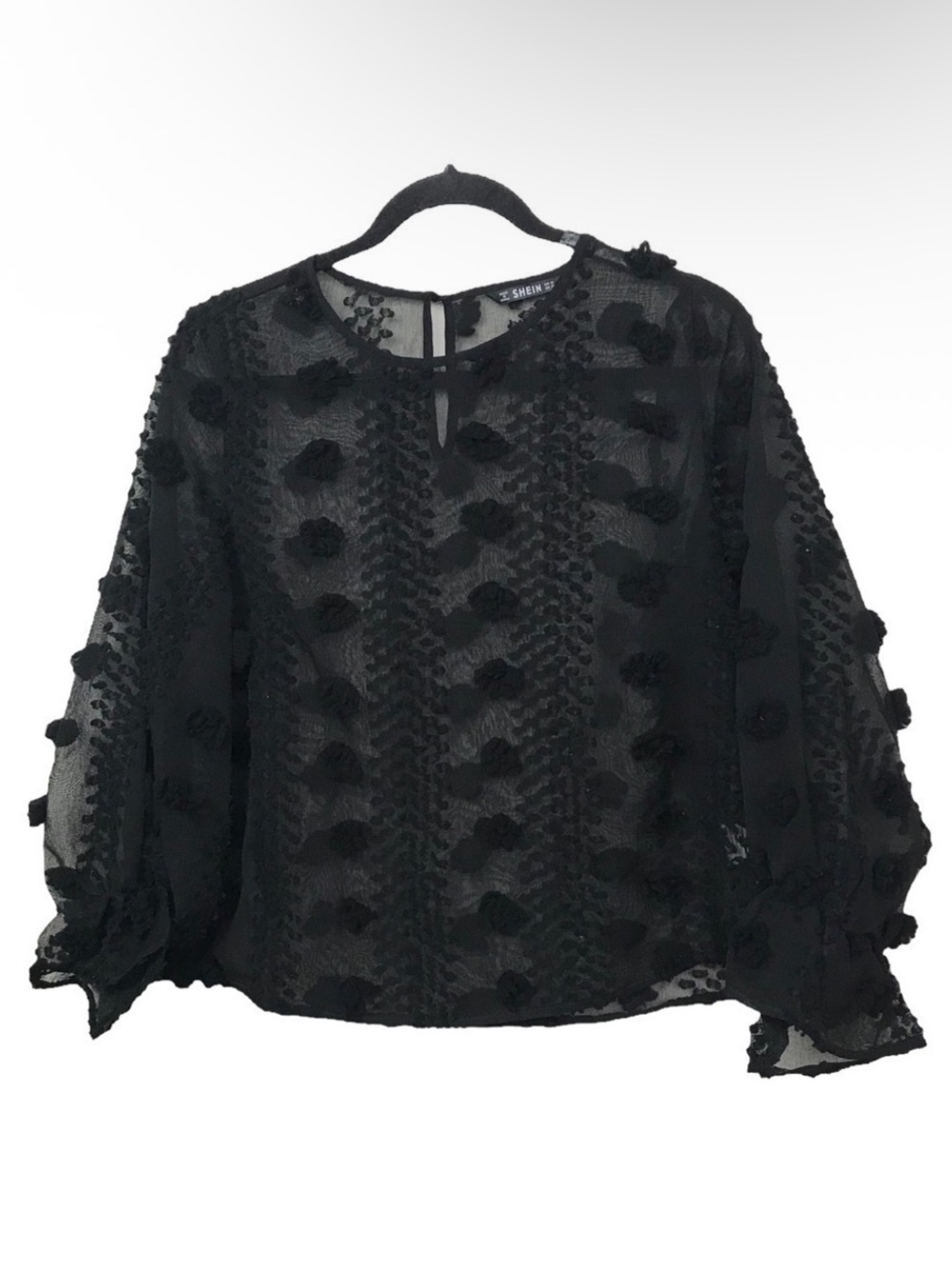 Shein Black Flounce Sleeve Keyhole Back Sheer Textured Top Medium